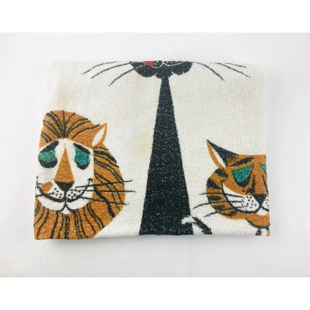 Vintage 1950s 60 Cannon Terry Beach Towel Tiger Pop Art Lion Graphic Black Cat O